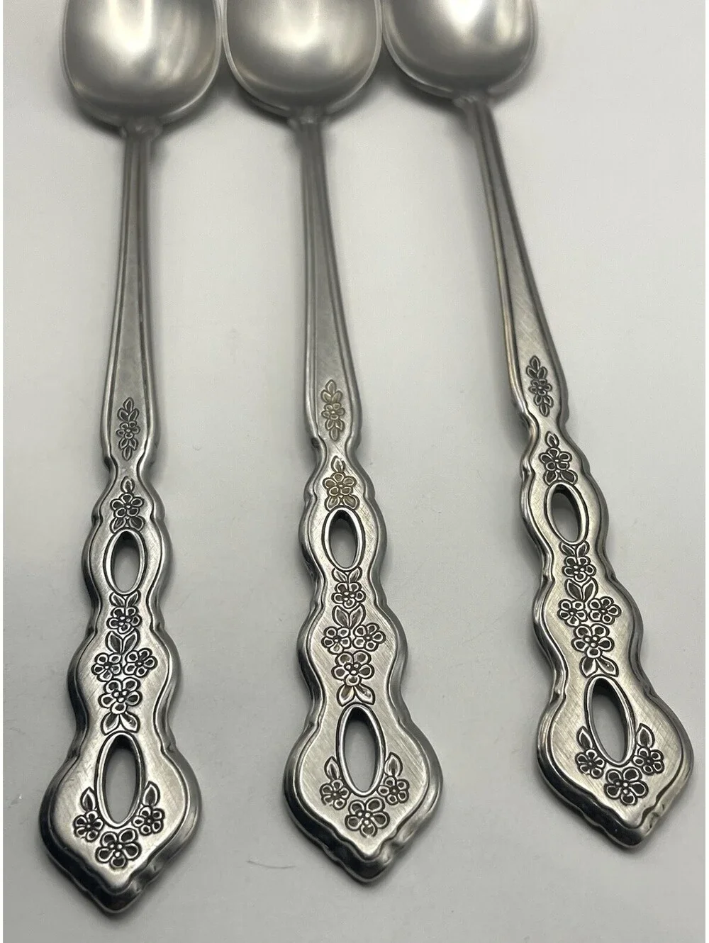 3- Oneida Community FANTASY Burnished Stainless Pierced Iced Tea spoon ~ 7 5/8”
